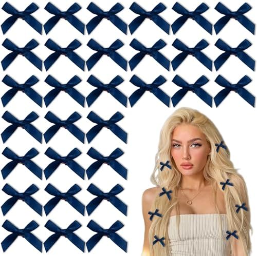 Navy Mini Bow Clips 30PCS Small Hair Bows Satin Bow Hair Clip Y2K Non Slip Bowknot Hair Barrettes for Girls Women by YAEISM