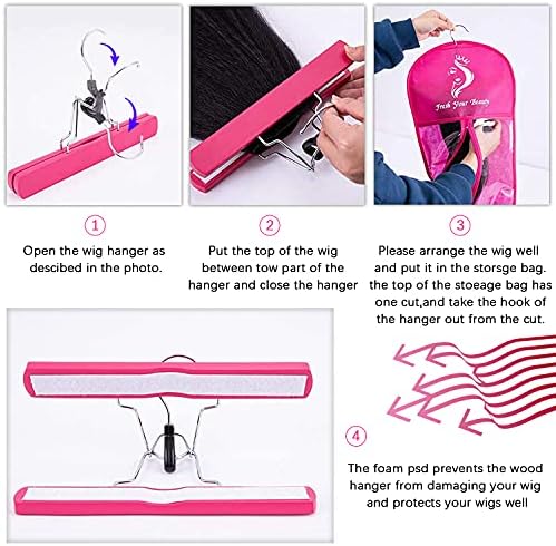 3PCS Extra Long Wig Storage Bag with Wooden Hanger Hair Extension Storage Bag with Hanger Portable Dust-proof Portable Suit with Transparent Zip Up for Hairpiece （Rose - Image 4