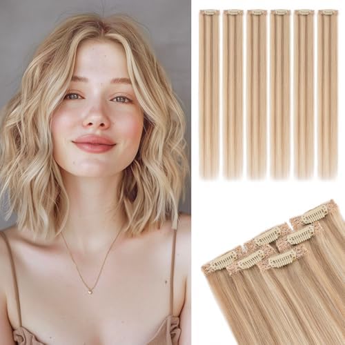 Rich Choices Real Human Hair Clip In Extensions-6 Pcs Single Clip Design-Invisible Clip in Extensions for Thin Short Hair-Hairpieces for Women-10 Inches #12P613 Golden Brown Highlighted Bleach Blonde by RichChoices