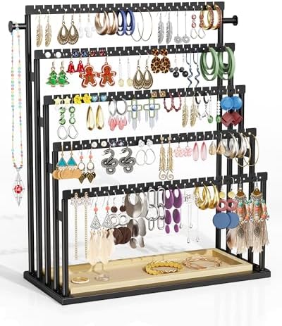 Earring Holder Organizer, 5-Tier Step Jewelry Display Stand with Metal Frame and Wooden Storage Organizer, Large Earring Holder for Studs, Hoops, Dangles, Modern Jewelry Organizer for Women - Image 7