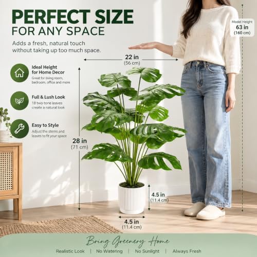 Der Rose 28" Fake Plants, Artificial Monstera Plants Indoor in White Pot - Image 2