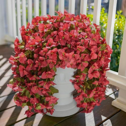 Bougainvillea Artificial Flowers for Outdoors Fake Plants Fall Autumn Decor, 2 pcs Faux Long Trailing Vines UV Resistant Look Real Red Silk Flowers for Outside Planter Front Door Porch Urn Yard Patio - Image 4
