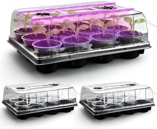 36 Pack 4 Inch Clear Plant Pots & 3 Pack 12 Cell Nursery Pot Trays with Humidity Dome and Growing Lights for Seed Starting, Germination, Seedling Propagation Plant Growing, Sturdy Gardening Kit 3 Sets by RooTrimmer