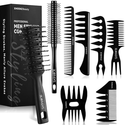 8pcs Hair Comb for Men Curly Hair Brush, Quiff Roller Brush for Adding Volume, Vent Brush Texture Comb Men Styling Comb Wide Tooth Design for Unique Styles at Salon or Home by XMOSNZbeauty