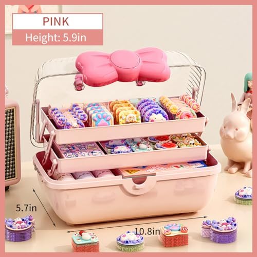3-Layer Kids Hair Accessories Organizer with Bowknot Lock Cute Jewelry Box Headband Hair Tie Clip Organizer Box for Little Girls - Pink - Image 2