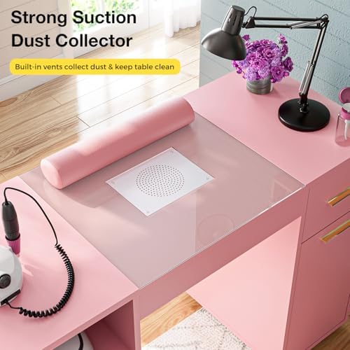 Manicure Table with Dust Collector, Glass Top and Wheels (Pink) - Image 4