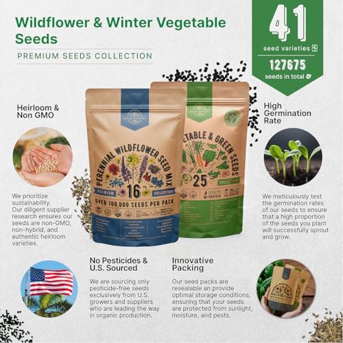 16 Perennial Wildflower & 25 Winter Vegetable & Greens Seeds Variety Pack Bundle, 127,675+ Non-GMO Heirloom Garden Seeds for Planting Vegetable & Flowers for Indoor & Outdoor Gardening - Image 7