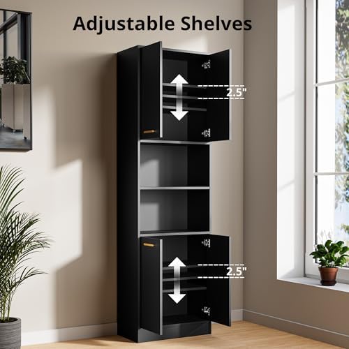 Cozy Castle Kitchen Pantry Cabinet, 75" Tall Wood Storage Cabinet with Doors and Shelves, 4 Doors Open Countertop Utility Hutch Cupboard for Dining Room Living Room Bathroom Furniture, Black - Image 3