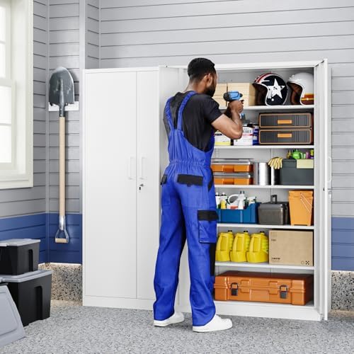 Yizosh Metal Garage Storage Cabinet with 2 Doors and 5 Adjustable Shelves - 71" Steel Lockable File Cabinet,Locking Tool Cabinets for Office,Home,Garage,Gym,School (White) - Image 2