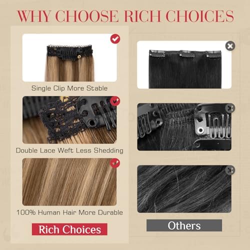 Rich Choices Real Human Hair Clip In Extensions-6 Pcs Single Clip Design-Invisible Clip in Extensions for Thin Short Hair-Hairpieces for Women-10 Inches #4P27 Medium Brown Highlighted Dark Blonde - Image 6