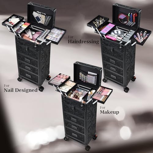 Stagiant Rolling Makeup Case with Drawers Cosmetology Case on Wheels 5 IN 1 Makeup Case 4 Drawers with Foot Stand Spring-release Mechanism Rolling Make Up Organizer for Artist Salon Nail Teach Trunk - Image 4