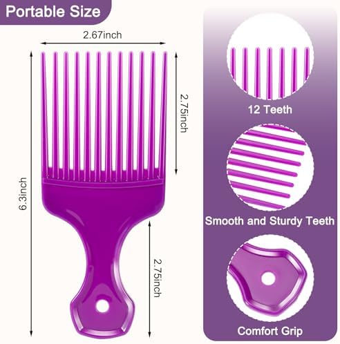 SIMPOR 2 Pcs Hair Pick Comb Wide Tooth Lift for Hair Styling Detangling Plastic Afro Pick for Women Men (Purple, Pink) - Image 2