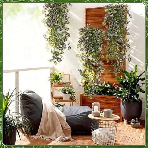 2-Pack Fake Hanging Plants, Faux Hanging Plant Artificial Greenery for Living Room Bedroom Boho Wall Shelf Indoor Outdoor Decor (Purple Feather Leaf) - Image 5