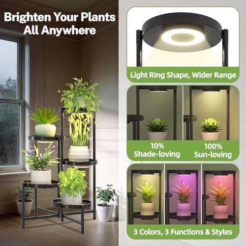 5 Tier Large Plant Stand with Grow Light, 10 Inch Tray, Black - Image 4