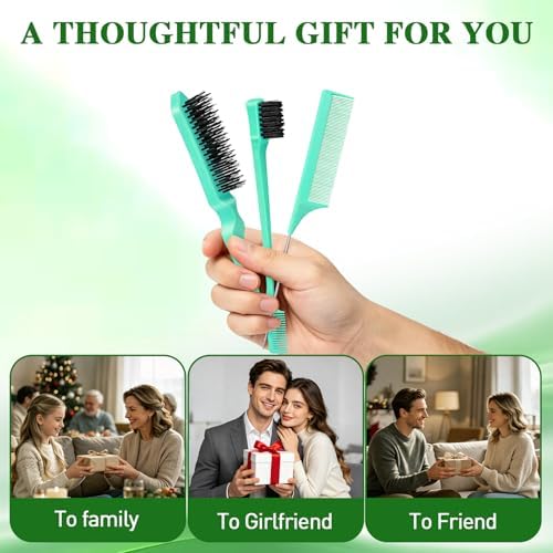 Boar Bristle Slick Back Hair Brush for Smooth Flyaways, Frizz, Sleek Ponytail, Buns and Edge Baby Hair | Edge Brush, Teasing Brush Rat Tail Comb Styling Accessories for Girls, Kids, Women & Men(Green) - Image 6