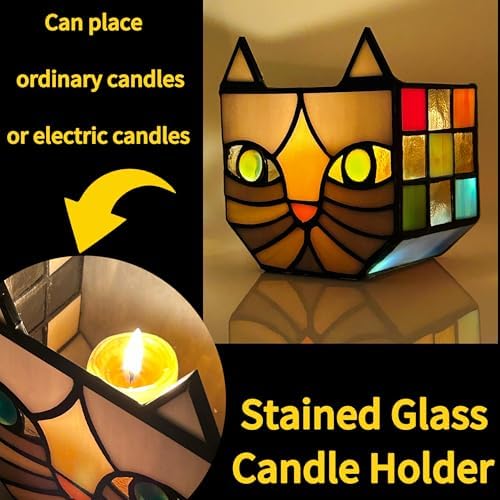 Unique Stained Glass Gray Cat Planter, Plant Pots Indoor,Indoor Flower Pots with Drainage,Window Sill Cat Decoration Gift,4.6x5.15x3IN - Image 2