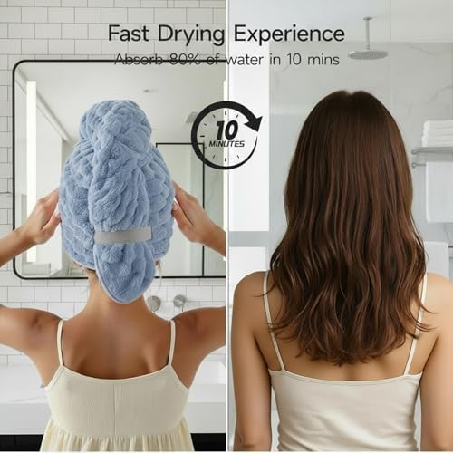 2-Pack Microfiber Hair dring Towel | 50% Faster Drying, Ultra Absorbent & Frizz Control | for Long/Curly Hair | 40 * 11" Large Size | Travel Gym Home Use(Bule,White) - Image 6