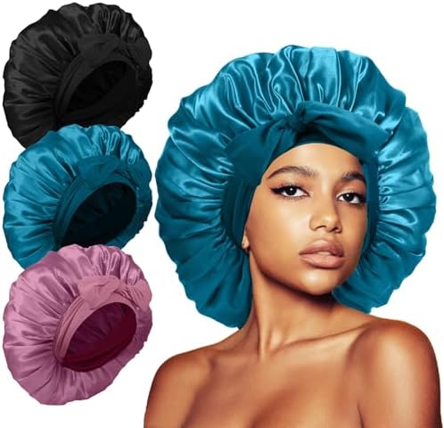 3Pcs Bonnets for Sleeping, Extra Satin Silk Bonnet for Sleeping Women with Tie Band for Curly Hair Jumbo Bonnet Braids by KAFTERI