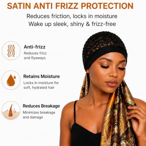 2 in 1 Wrap Cap Hair Net and Scarf for Silk Press, Satin Wrap Cap Bonnet for Women, Adjustable Stay-On Sleep Hair Net Scarf for All Hair Types - Image 3