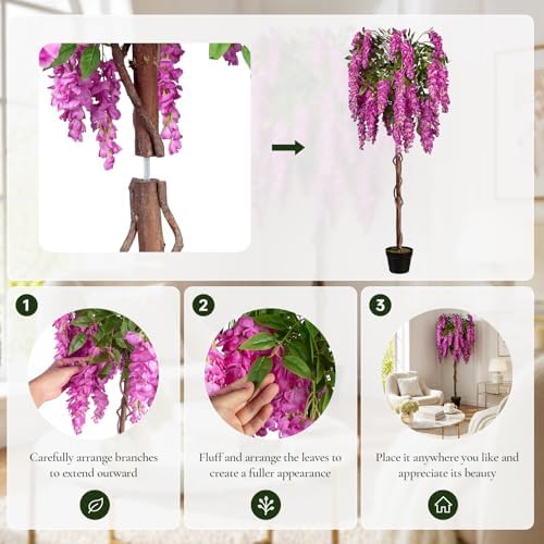 5ft Artificial Wisteria Tree, Fake Tree with Firmly Attached Blooms for Less Shedding, Faux Trees Indoor Outdoor Home Office Living Room Decor, Potted Floor Plant - Image 6