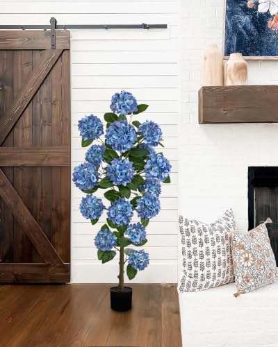 5FT Blue Hydrangea Artificial Flower Tree Large Faux Hydrangea Plant Potted - Image 7