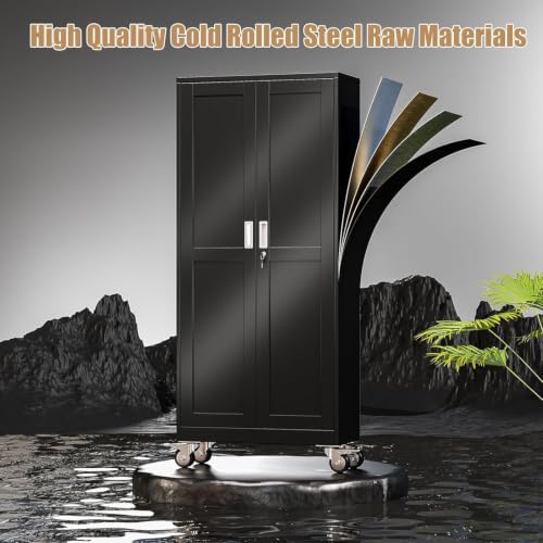 47" Metal Garage Storage Locker Cabinet with Wheels,Rolling Black Kitchen Pantry Cabinet with 2 Doors and 3 Adjustable Shelves, Steel File Tool Cabinet for Home Office Living Dinning Room Warehouse - Image 6