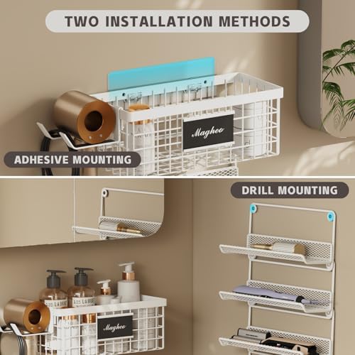 Magheo Hair Dryer Holder Wall Mounted, Adheisve Hair Tool Organizer for hair Brush/Appliance Wall Mount with 5 Tier Shelf Basket Hooks Blow Dryer and Straightener Holder for Bathroom(White) - Image 5