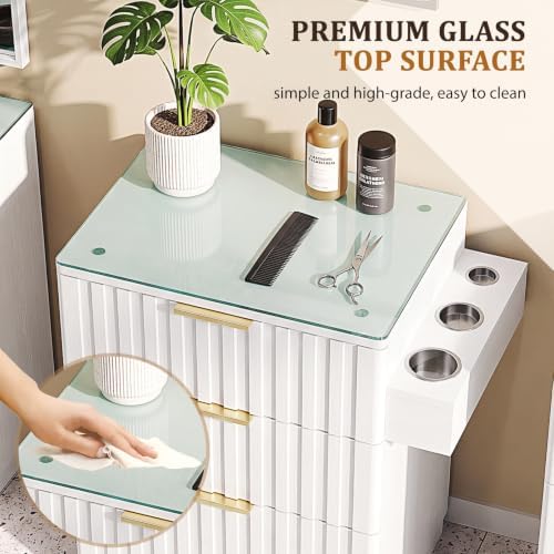 OmySalon Salon Station, Barber Station for Hair Stylist, Storage Cabinet with Glass Top & Drawers & Heat Resistant Dryer Holders, Modern Retro Style (White) - Image 5