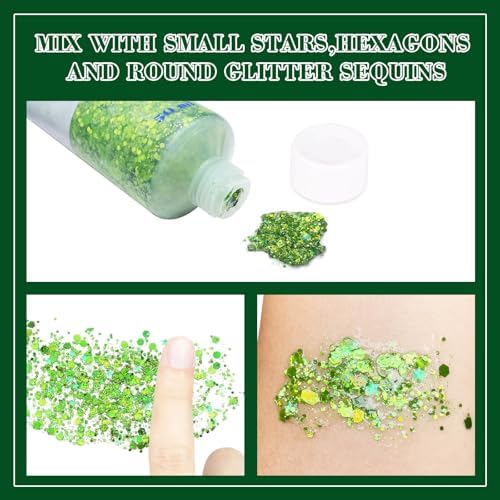 MEICOLY Lime Green Body Glitter for Halloween St Patricks Day, Holographic Game Day Spirit Day Face Glitter,Self-Adhesive Light Green Hair Glitter,Chunky Glitter Face Paint for Party Festival - Image 5