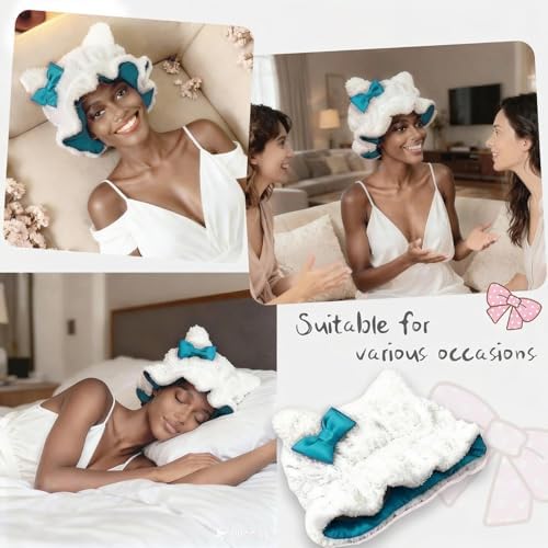 Satin Lined Sleep Bonnet for Women, Teddy Plush Hair Bonnet, Silk Wrap for Curly & Braided Hair, Anti-Frizz Night Cap - Image 5
