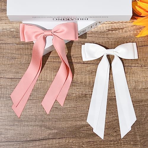 2PCS Silky Satin Hair Bows Hair Clip Pink White Hair Ribbon Ponytail Holder Accessories Slides Metal Clips Hair Bow for Women Girls Toddlers Teens Kids - Image 2