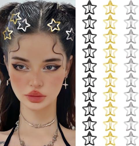 Star Hair Clips 2000s Y2K Hair Accessories-30 PCS 1.18" -Black Gold Silver by SAOROPEB