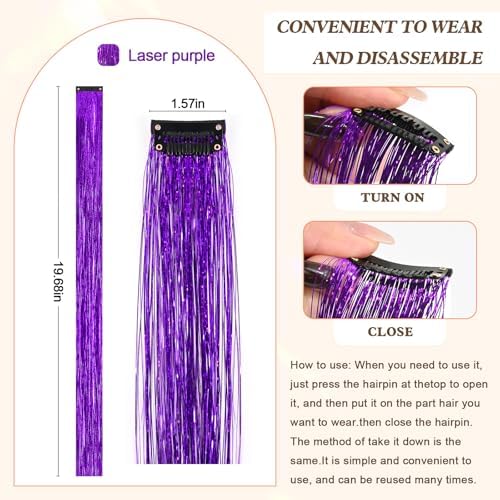 Leuceiy Hair Tinsel Clip in,Hair Accessories Tinsel Hair Extensions for Girls Pack of 6 Pcs 20 Inch,Fairy Hair Tinsel Kit,Heat Resistant New Years Festival Party - Image 2