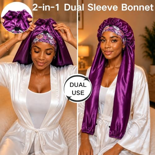 Isshin Beauty Satin Hair Bonnet for Sleeping Women: Dual Sleeve 2 in 1 Long Hair Protector Anti Frizz Sleep Cap - Image 3