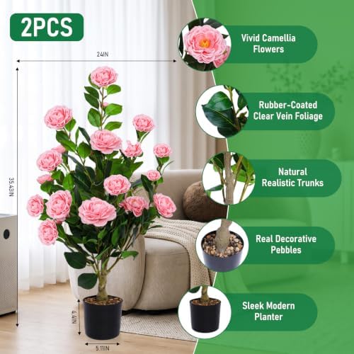 2 Pack Artificial Camellia Trees with Potted (Pink Flowers) - Image 2