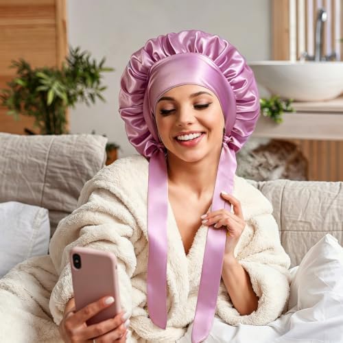 VECIIR Silk Bonnet for Sleeping Women，Hair Bonnet for Sleeping Silk Night Cap for Curly/Natural Hair Skin ‌‌Dusty Lilac, Large - Image 4