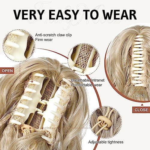 Flufymooz Ponytail Extension, 18 Inch Claw Clip Ponytail Extension, Wavy Curly Claw Clip in Ponytail Hair Extensions, Natural Fake Ponytail Synthetic Hairpiece for Women (Dark Blonde to Light Blonde) - Image 3