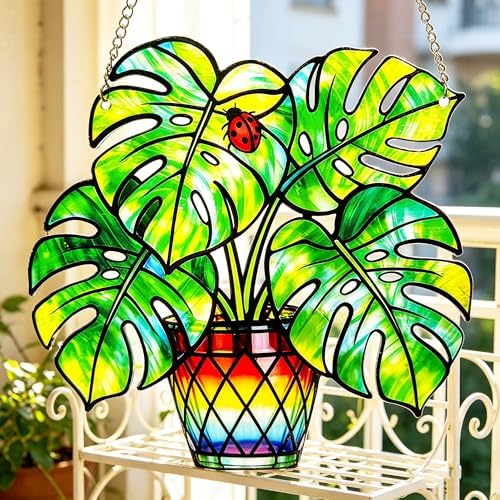 Plant Suncatcher Glass, Stained Glass Suncatcher Plant Window Hanging, Unique Nature Lover Gifts Leaf (Monstera) - Image 4