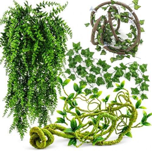 HERCOCCI Reptile Vines, Flexible Jungle Climbing Vines Terrarium Plastic Plants and Leaves Tank Accessories Decor for Gecko Snake Lizard Bearded Dragon Hermit Crab Frog by HERCOCCI