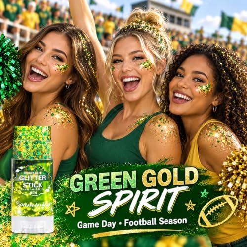 Green Gold Hair Face Glitter Stick,Waterproof Green Body Glitter Stick,Gold Spirit Day Accessories for Sport Game Day,Halloween Cosplay Festival Rave Concert Carnival Party Makeup - Image 2
