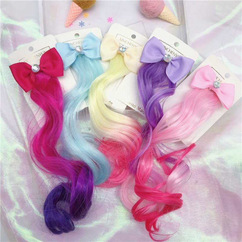 6 Pcs Hair Clips for Girls - 13in Color Hair Extensions Clip for Girls, Curly Clip in Hair Extensions with Cute Unicorn Bow for Toddler Kids Ponytails Accessories - Image 5