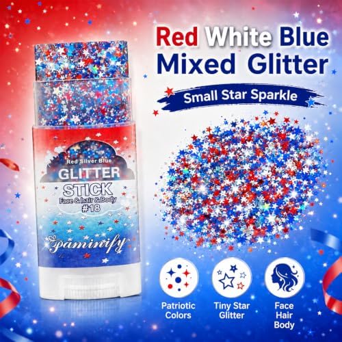 Red White Blue Star Hair Glitter Stick,4th of July Patriotic America Flag Star Face Body Glitter Stick, Independence Day Outfits for Women, Fourth of July Waterproof Makeup for Veterans Day - Image 2