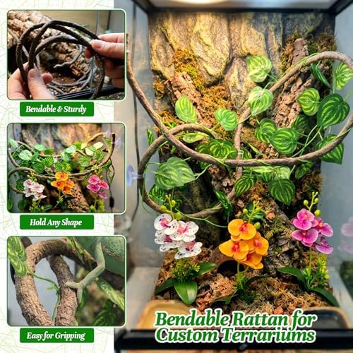 5 Pcs Reptile Plants & Habitat Decor Kit - 3 Artificial Phalaenopsis Orchid & Large 5ft Jungle Vine Branch, Terrarium Tank Decor & Climbing Accessories for Crested Gecko, Bearded Dragon - Image 5
