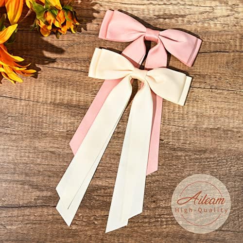 2PCS Silky Satin Hair Bows Hair Clip Beige Pink Hair Ribbon Ponytail Holder Accessories Slides Metal Clips Hair Bow for Women Girls Toddlers Teens Kids - Image 2