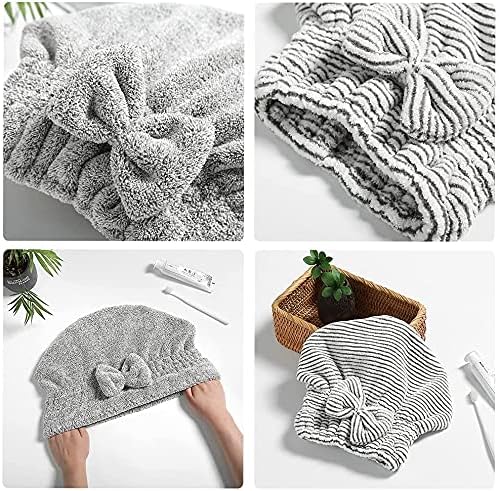 Microfiber Hair Towel Wrap, Soft Absorbent & Quick Drying Cap Set for Curly Thick Hair, Women & Girls - 2 Pcs (Stripe & Gray) - Image 3