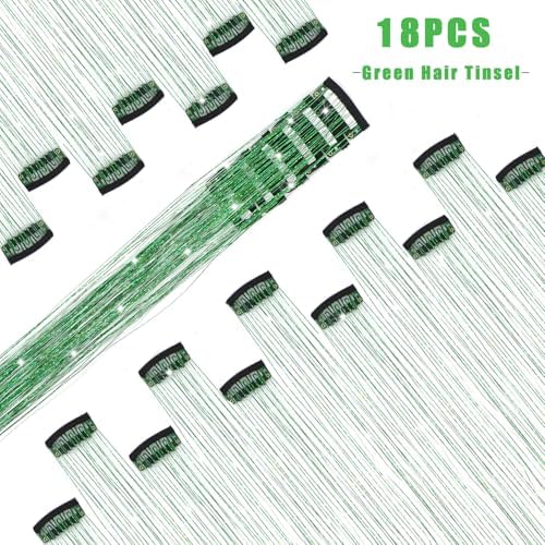 18 Pcs Hair Tinsel Clip in, 20.5 Inch Glitter Tinsel Hair Extensions, Shiny Sparkling Fairy Hair Tinsel Clips, Dazzling Party Hair Accessories for Girls Women Kids (Green) - Image 2