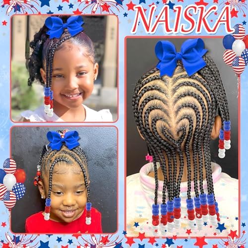 NAISKA 62PCS 4th of July Hair Beads for Braids Festival Hair Bow Clips Red White Blue Loc Beads Ribbon Bow Hair Jewelry Braids Clips with Bow Independence's Day Hair Accessories for Girls - Image 7