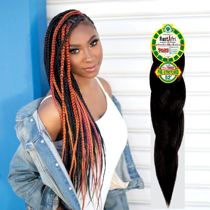 Rast A fri Freed'm Silky Braid 52 Inch Pre-Stretched Braiding Hair | 100% Afrelle Modacrylic Fiber from Kanekalon | Soft Lightweight Hair for Box Braids & Twists, #1 Jet Black - 5 Pack - Image 4