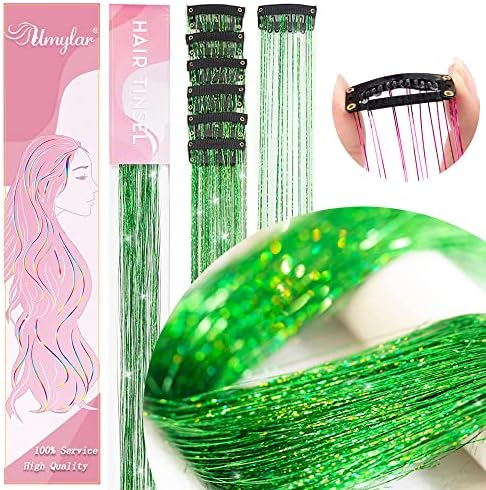 Hair Tinsel Pack of 12 Pcs Clip in Hair Tinsel 20 Inch Glitter Green Tinsel Hair Extensions, Festival Tinsel Fairy Hair Party Dazzle Hair Accessories Strands Kit(12Pcs,Fruit green#) - Image 2