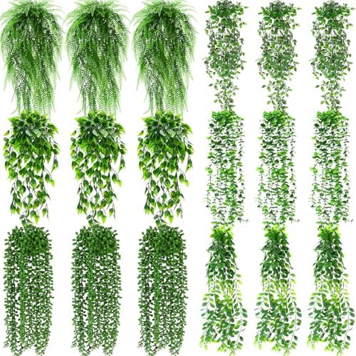 Daifunli 18 Pcs Artificial Hanging Plants Fake Hanging Ferns Plastic Fake Plant for Wall Room Garden Garland Indoor Outdoor Decor No Basket (Eucalyptu,Mandala,Boston,String of Pearl,Podocarpu,Pothos) by Huiinen